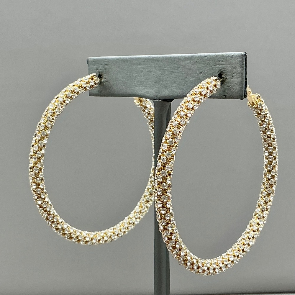 Hoop Earrings Women Gold Rhinestone Pave Large Round Sparkly Statement Jewelry